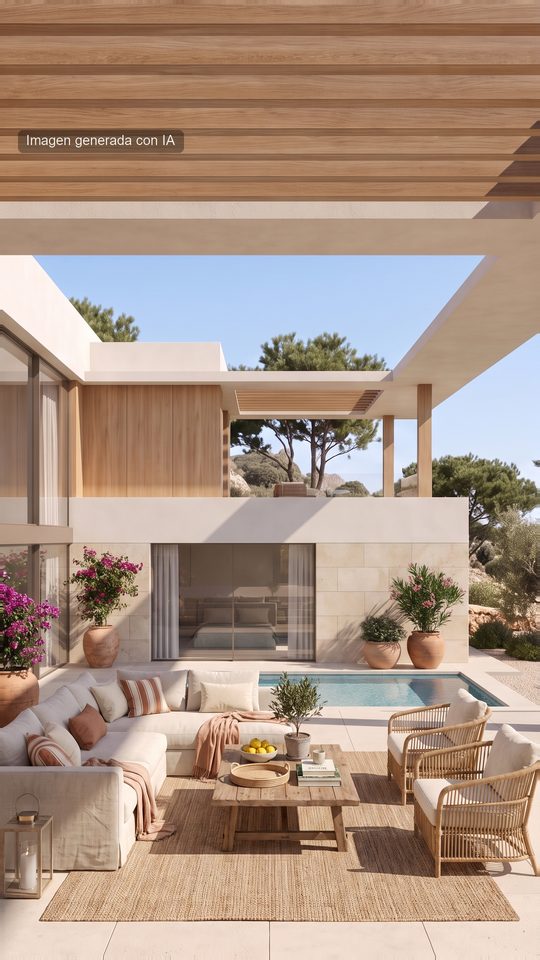 La misma terraza amueblada con sofá, butacas y mesa baja; la arquitectura no cambia